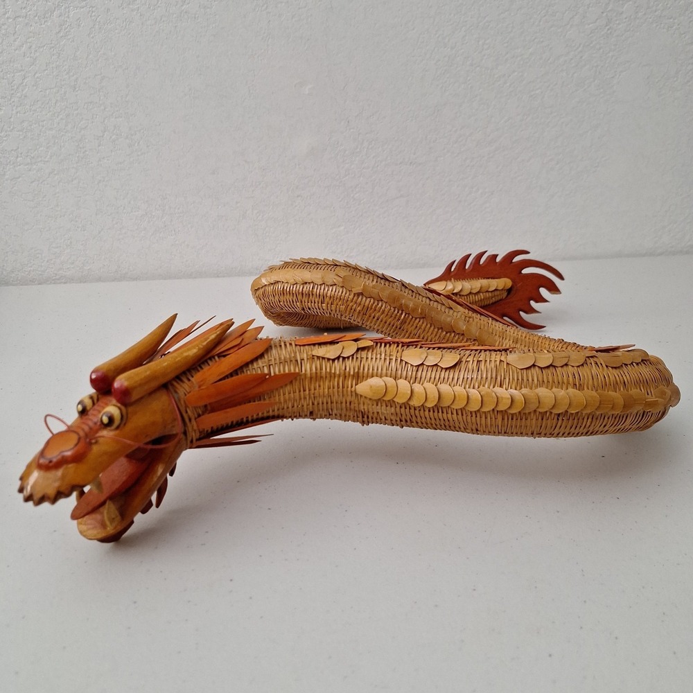 RARE Vtg Polynesian Handmade Sea Serpent Dragon, Straw and Wood 19" (see descr.)